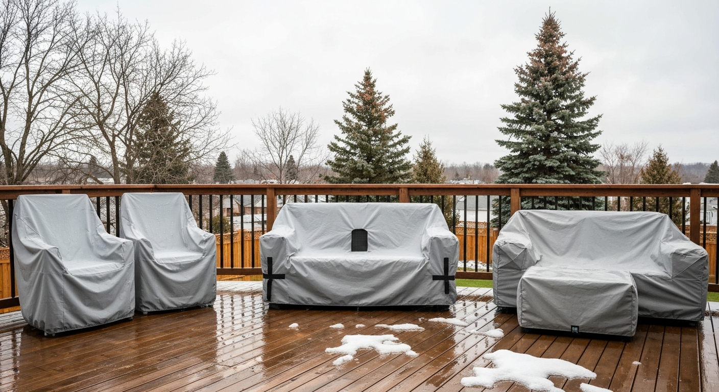 Three different patio furniture covers (budget, mid-range, premium) protecting furniture on a Canadian deck in wet, late-winter conditions.