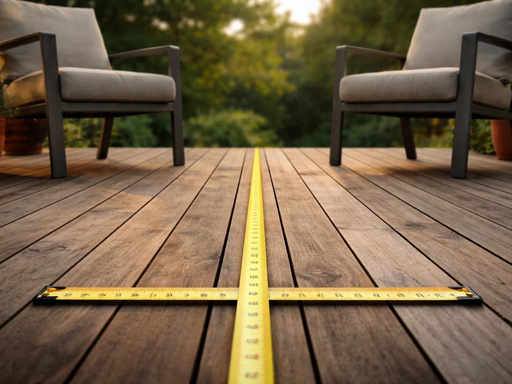 Tape measure laid over a patio footprint with two pulled-out chairs for scale