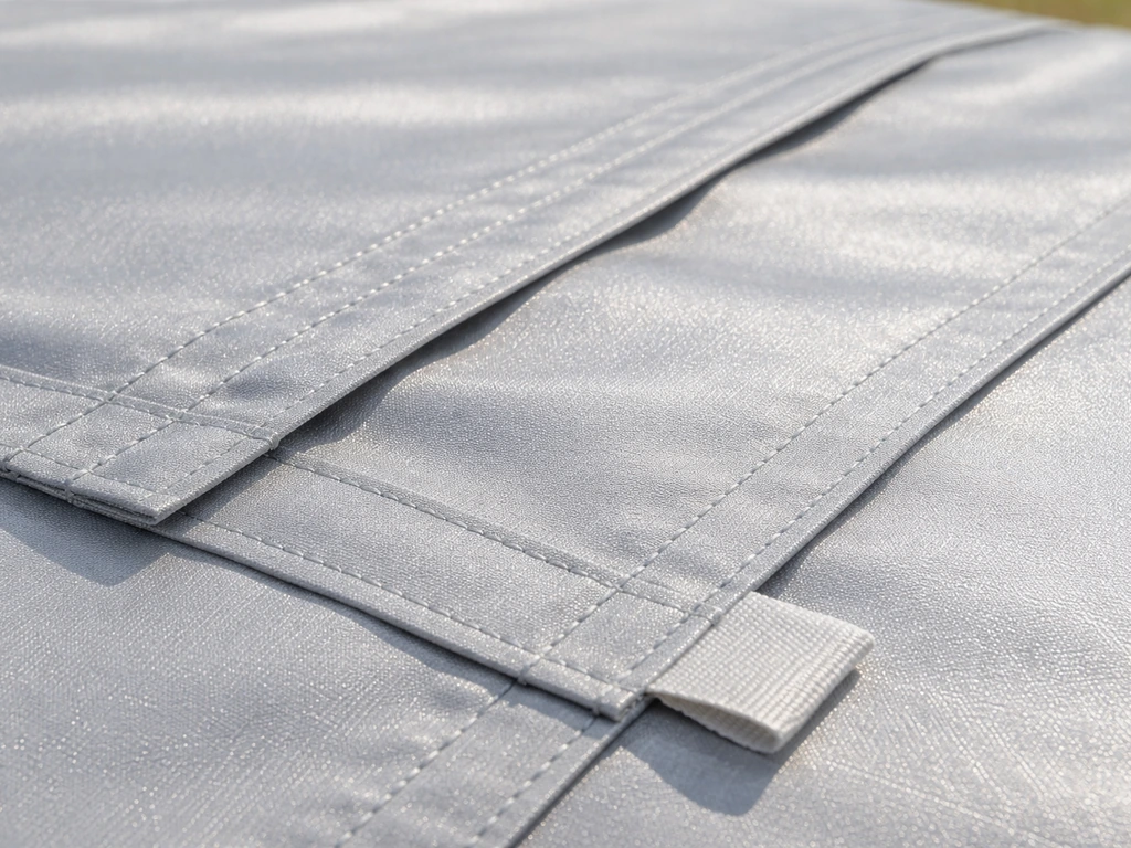 Closeup of layered silver-coated polyester canopy fabric showing weave texture and stitched seams in bright light.