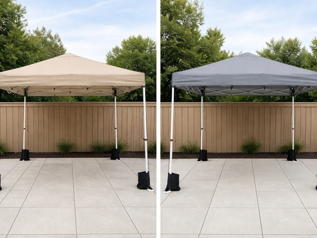 Two open pop-up gazebos side-by-side on a patio paver floor, showing canopy and anchored frames.