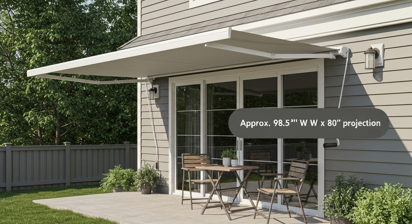 Photorealistic awning installed over small patio, aluminum frame and hand-crank visible; overlay text: 98.5" x 80".