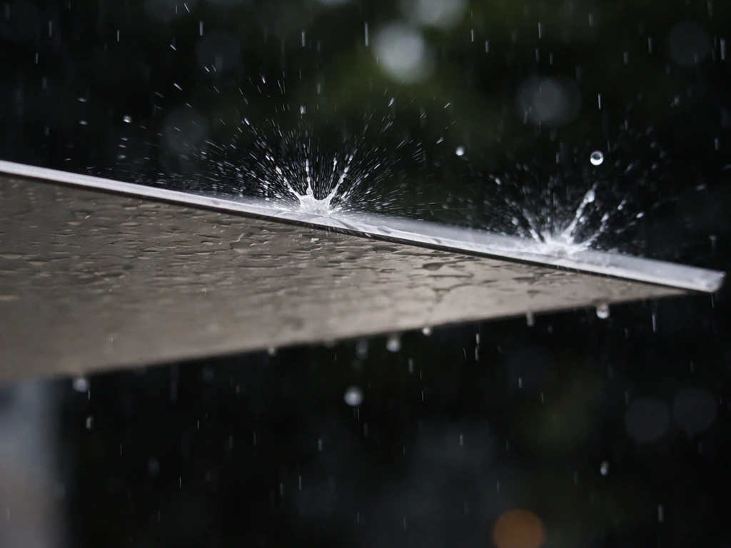 Close-up of raindrops striking a thin suspended aluminum panel under soft natural light