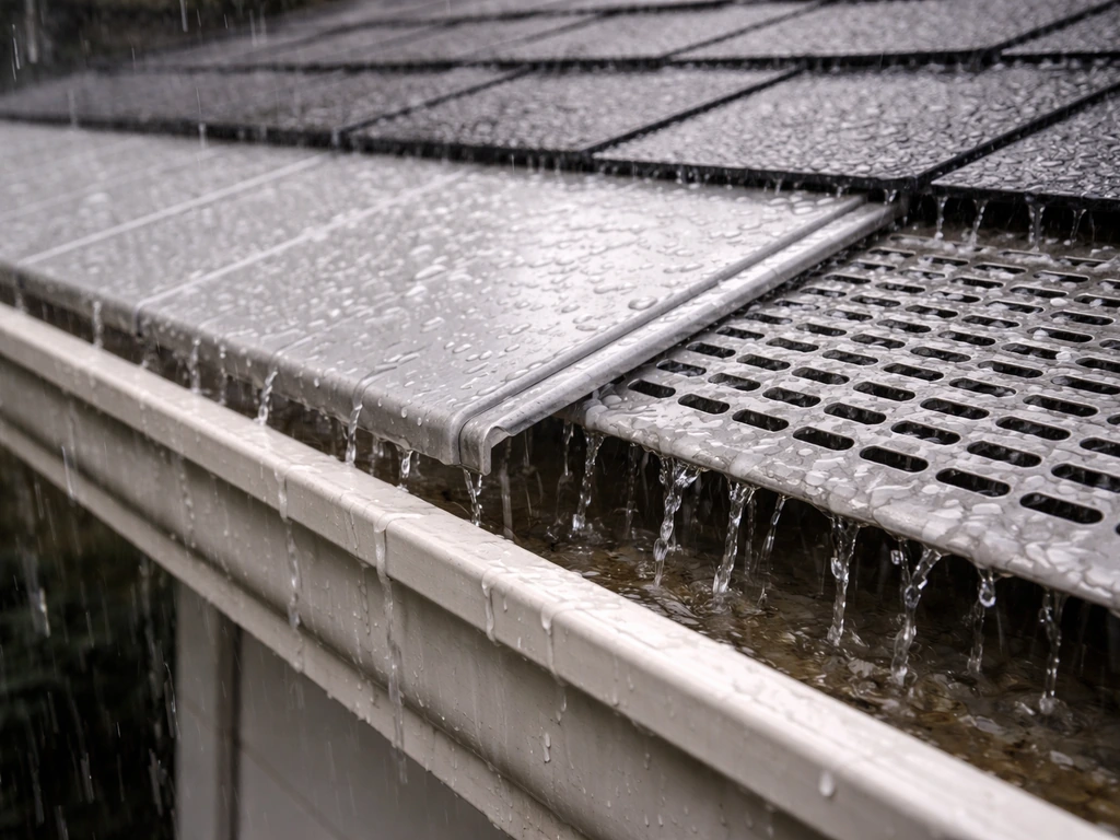 Rain splashing on a solid aluminum roof cover while nearby open lattice misses some drops