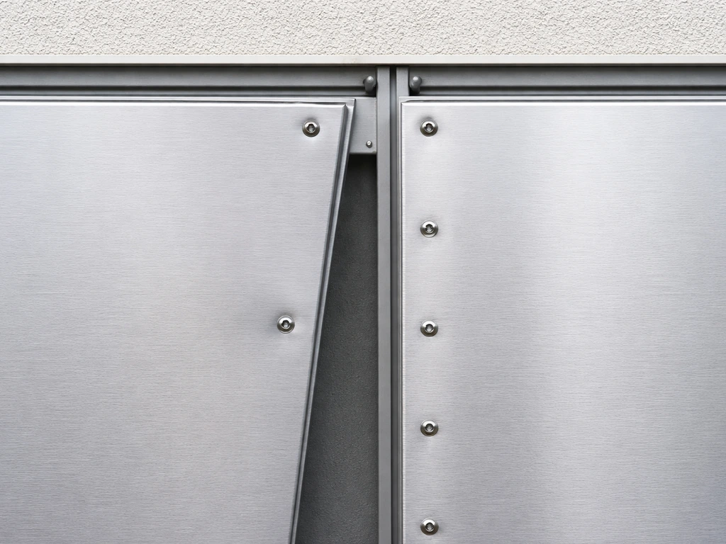 Close-up of two aluminum panels: one slightly loose and one firmly fastened with many evenly spaced screws.