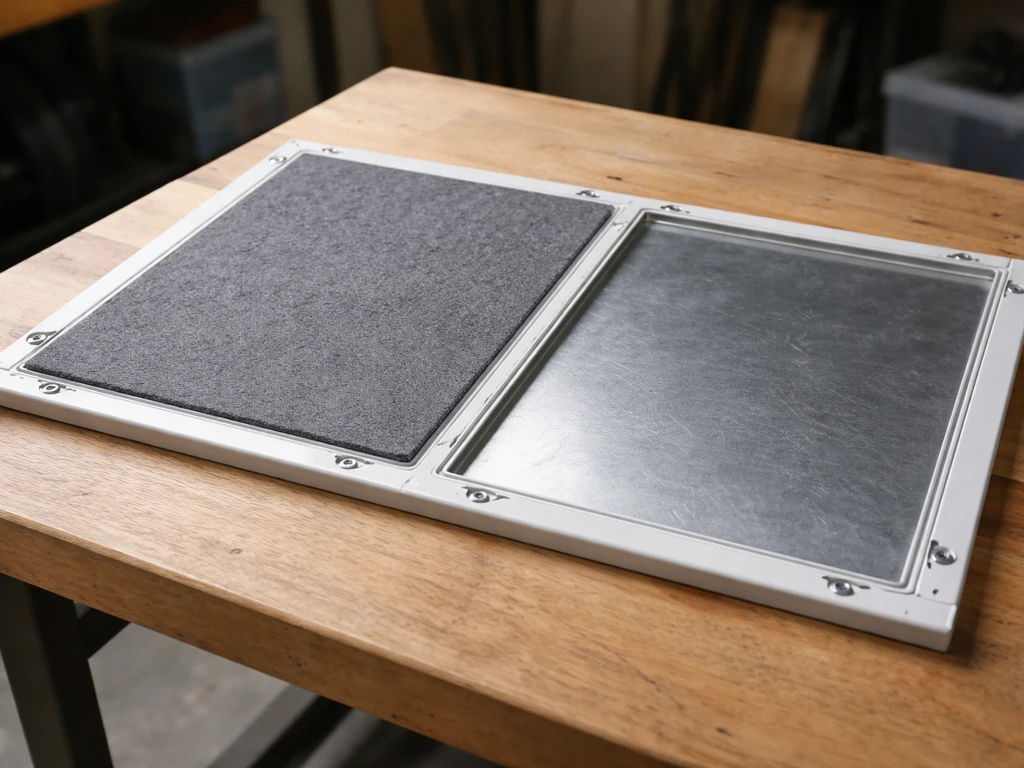 Open access panel underside showing an added damping layer on one side vs bare metal on the other.