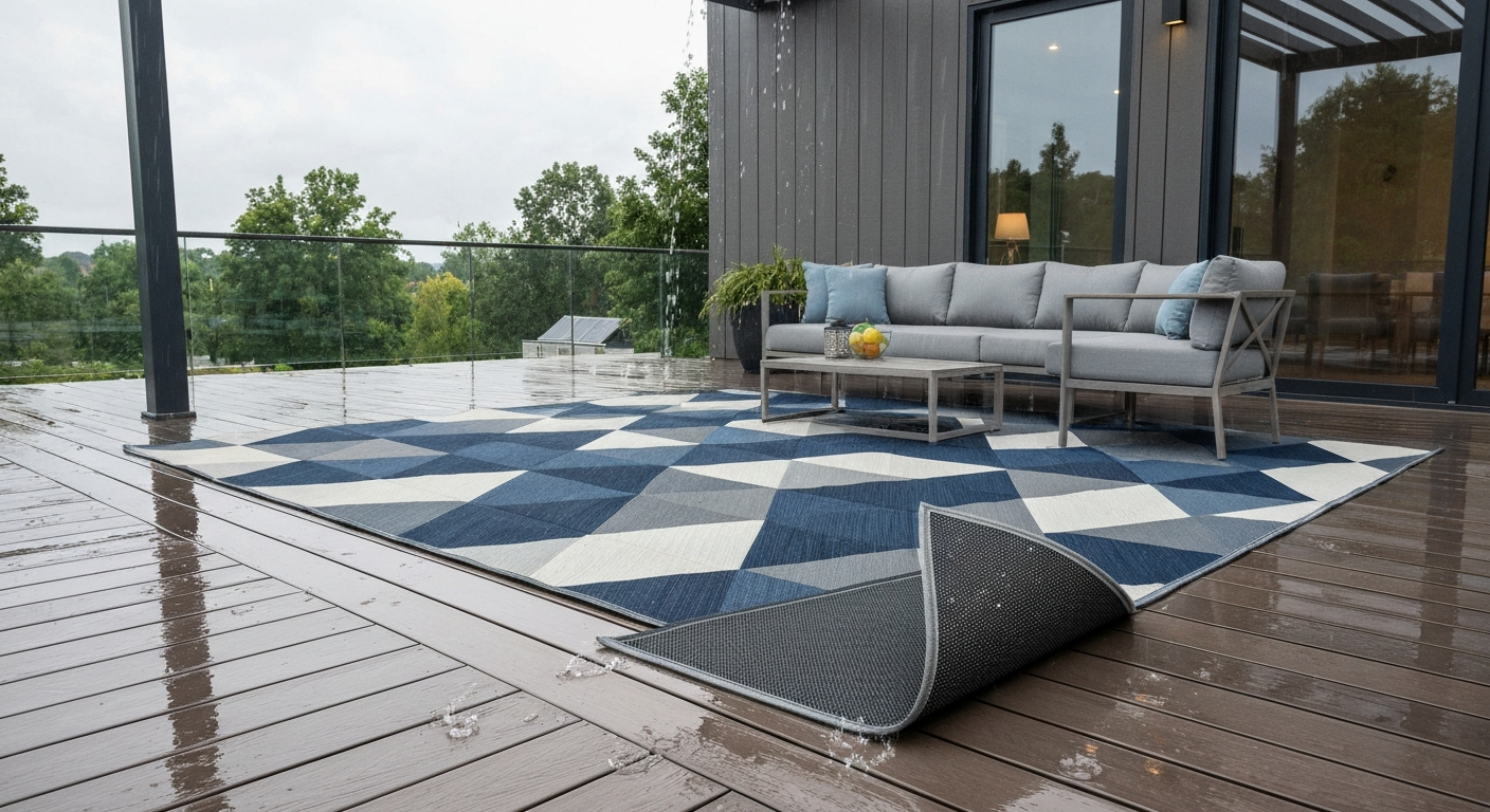 Raining patio with a solution-dyed polypropylene flat-weave rug shedding water; lifted corner shows open-grid backing.
