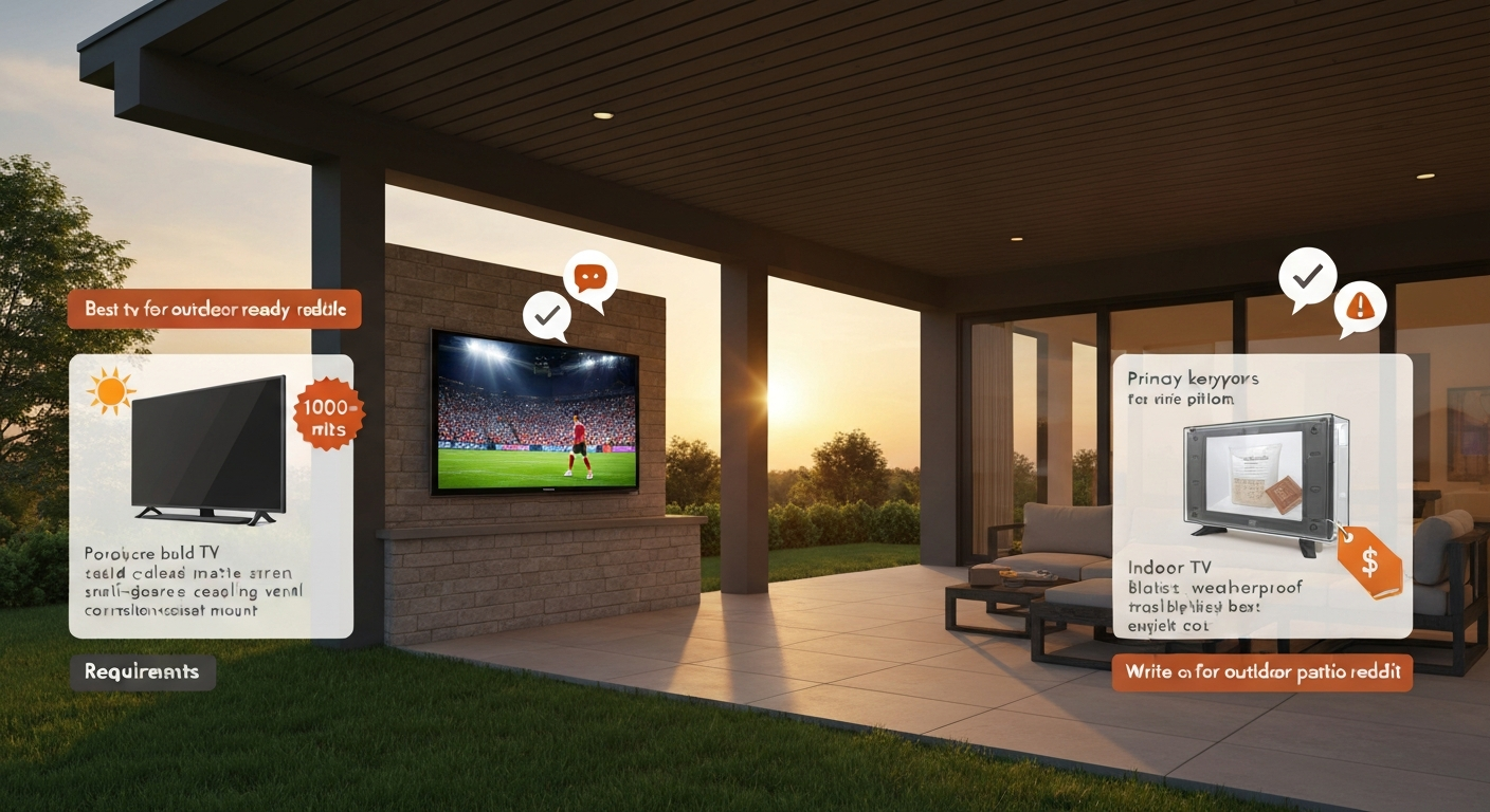 Illustrated covered patio with a bright outdoor TV in the center, callouts comparing a purpose-built outdoor TV (sealed, anti-glare, high brightness) and an indoor TV inside a weatherproof enclosure (bulkier, vented), plus icons showing brightness and budget tradeoffs.