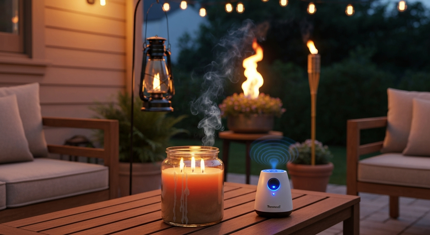 Cozy dusk patio with a large multi-wick citronella jar candle on a table, a Thermacell-style device on a side table, a hanging oil lantern and tiki torch in the background, and warm string lights overhead.