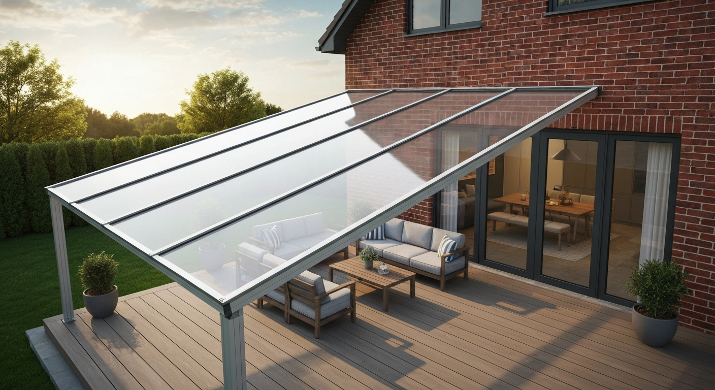Modern patio with clear acrylic patio cover letting in natural daylight, showing bright, UV-stable panels over a seating area.