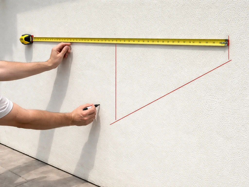 Hands using a tape measure over a patio wall with marker lines for awning width and projection