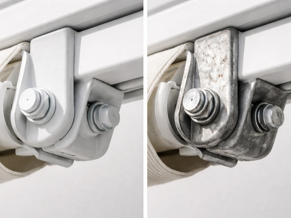Close-up of powder-coated aluminum bracket and exposed metal bolts with visible surface corrosion comparison