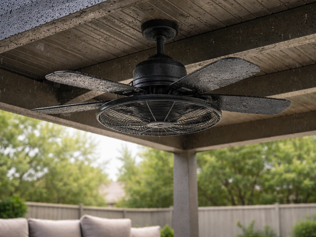 Waterproof outdoor patio fan mounted under a covered pergola, showing weatherproof design in soft daylight.