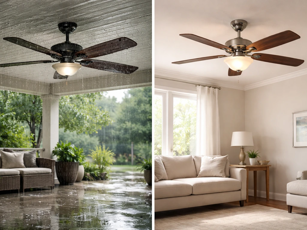 Side-by-side outdoor patio fan in wet/damp conditions and an indoor fan in a dry room.