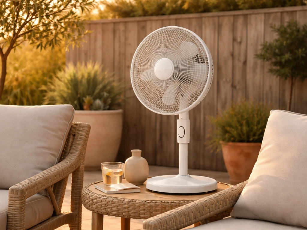 Outdoor pedestal fan on an open patio with airflow aimed across seating, minimal and realistic.