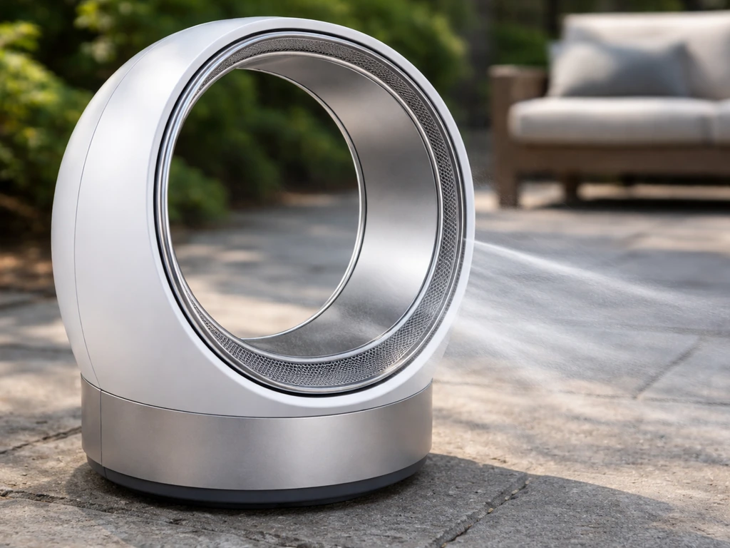 Close-up of an outdoor bladeless circulator fan with smooth airflow across a patio paver area.