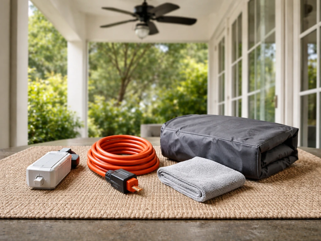 Weatherproof outdoor patio fan setup items: GFCI protection, outdoor extension cord end, and fan cover supplies.