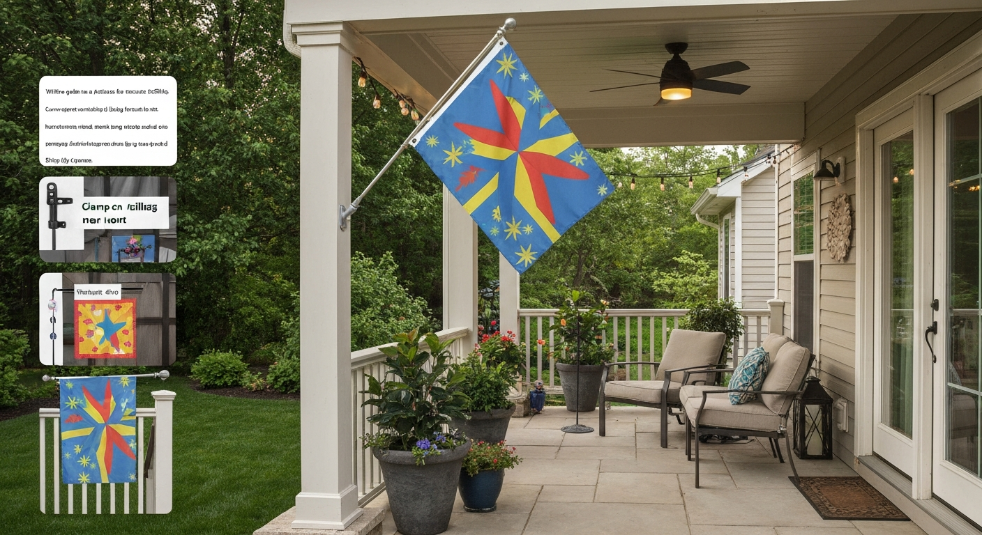 Cozy suburban patio with a 3x5 nylon flag on a 6-ft angled porch pole; nearby clamp-on railing flag and a freestanding banner on a weighted base visible in the background.