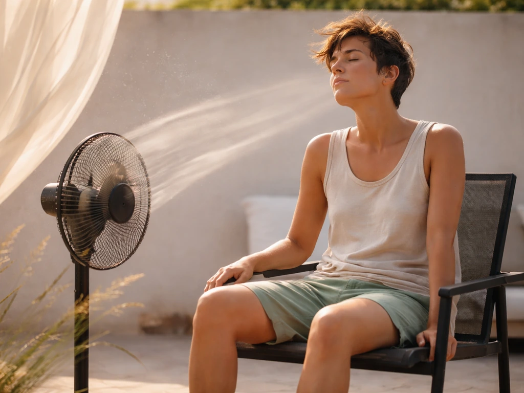 Person seated on a patio feeling a breeze from a fan, with clear airflow direction cues.