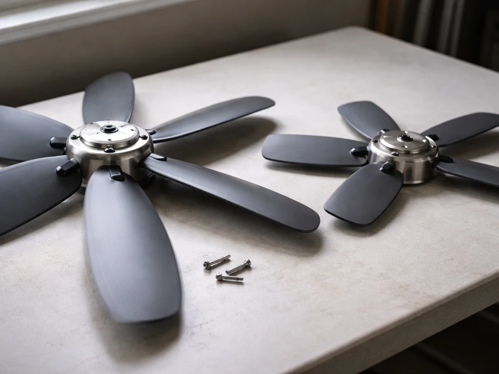 Side-by-side close-up of patio fan blades showing larger vs smaller blade size in a simple workshop setting.