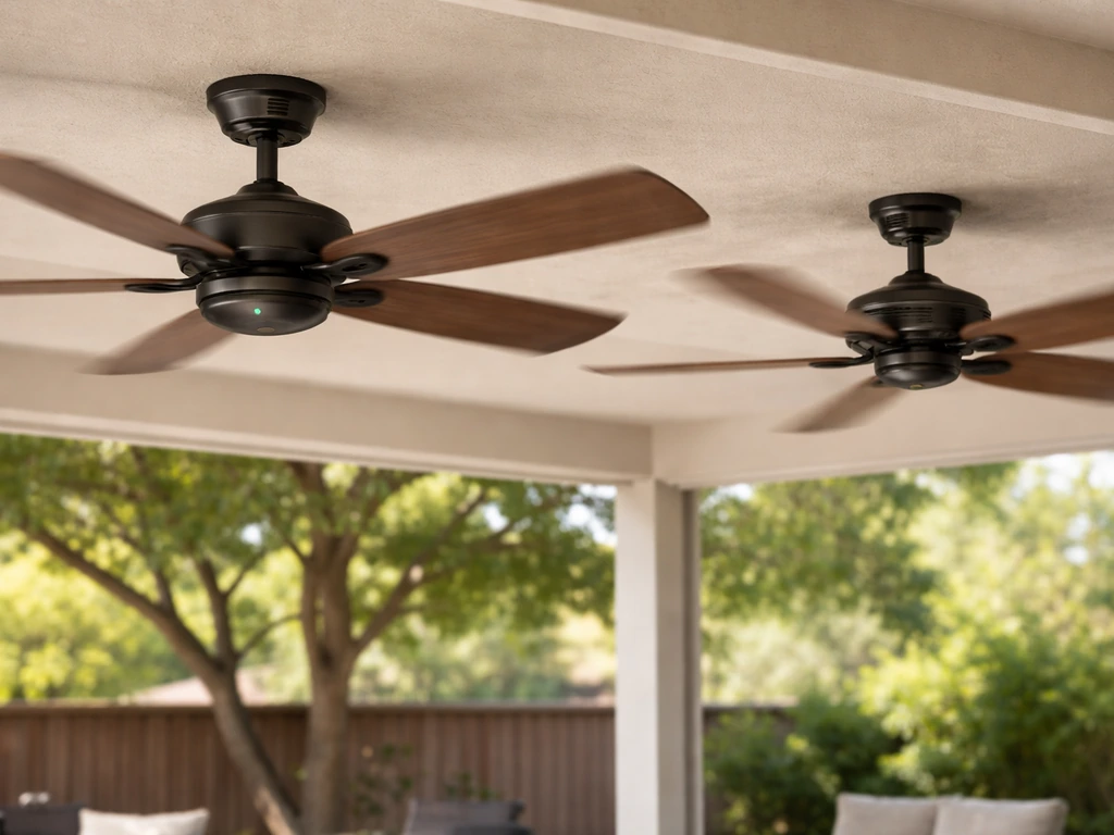 Outdoor patio ceiling fans: one DC with quiet-mode light and calmer blades, one louder AC-style with blur.
