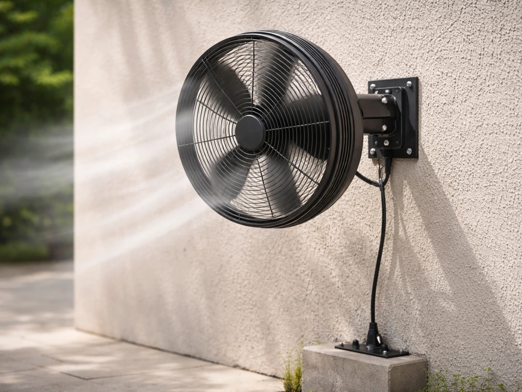 Patio fan mounted on a sturdy exterior wall with the base secured, showing strong airflow direction.