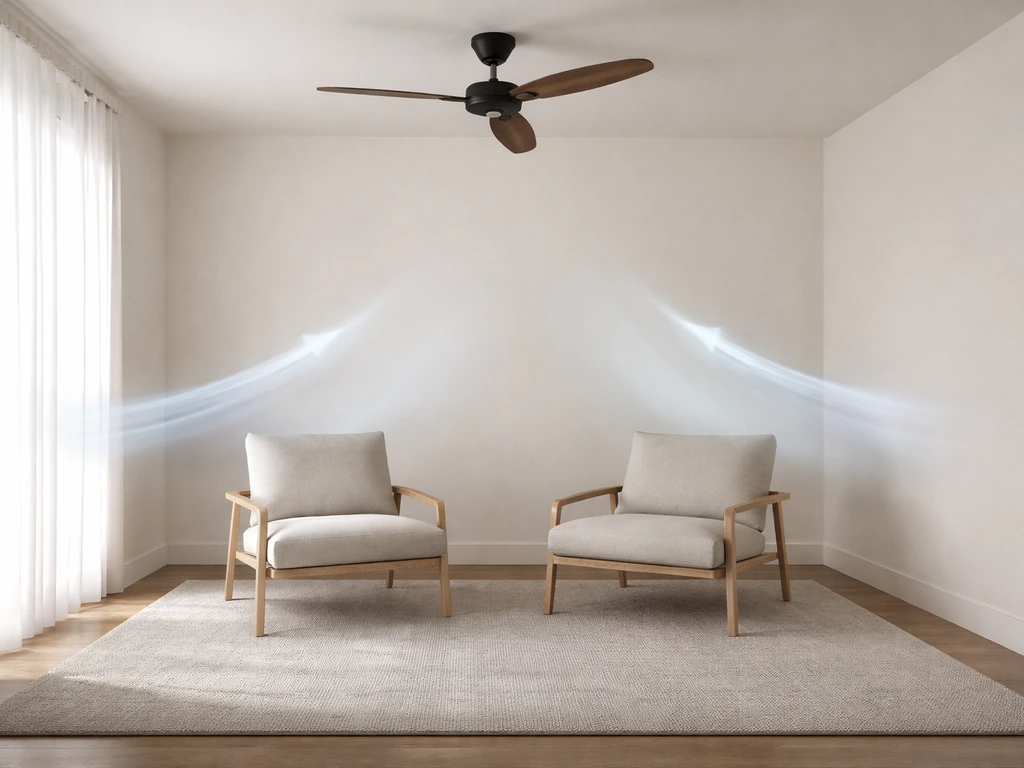 Minimal living room scene showing ceiling and floor fan placement over a seating area with airflow target zone.