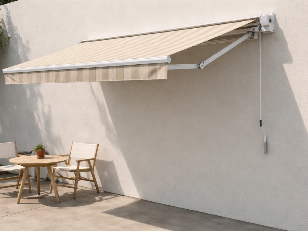 Wall-mounted manual retractable patio awning with visible folding arms extending over a patio.