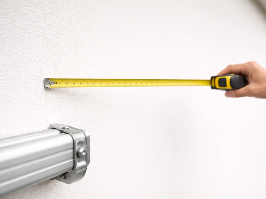 Close-up of a tape measure measuring projection depth from a wall outward for an awning