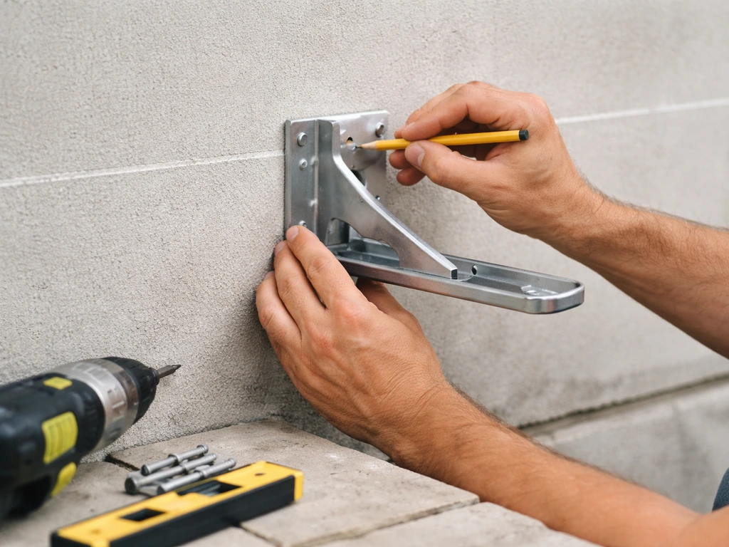 Person marking bracket hole spots along a straight chalk line on a wall, ready to drill.