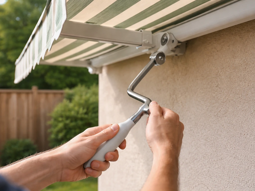 Hands turning a crank handle to extend a patio awning from its loop/socket, canopy partially extended.