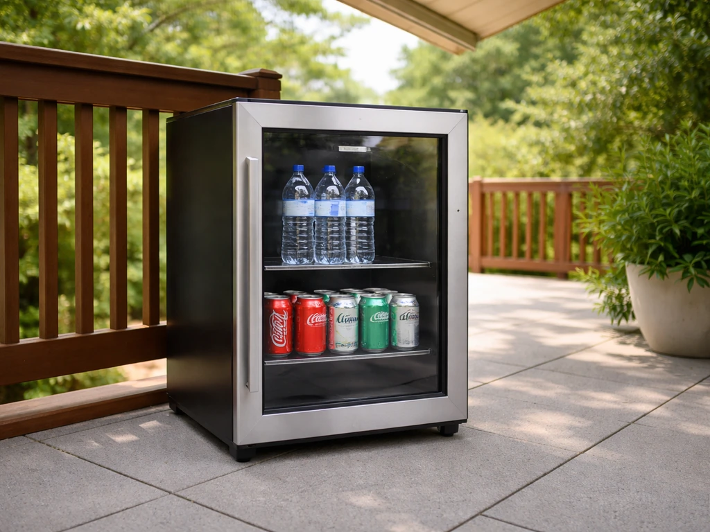 Small outdoor mini fridge on a patio under partial shade with a few cold drinks visible.