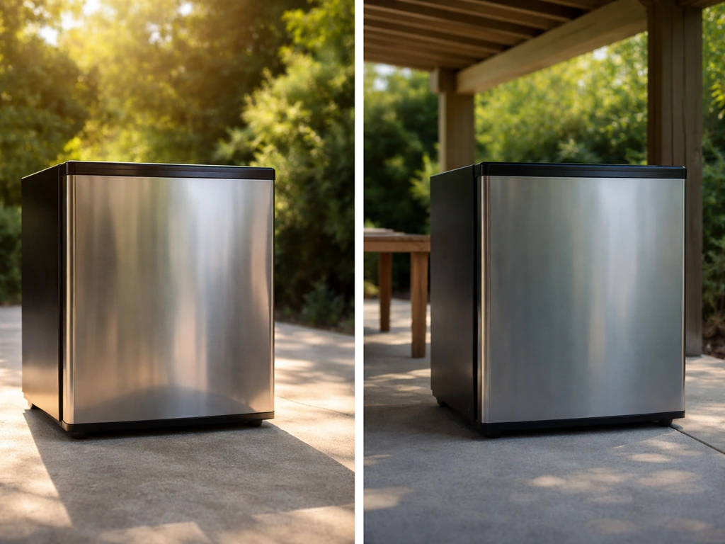 Mini fridge on a sunny patio with a second covered setup showing shade vs direct sunlight.