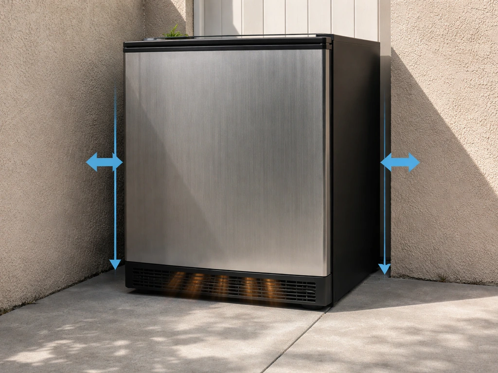 Close-up of an outdoor freestanding mini fridge showing side/back clearance and a bottom front vent grille.