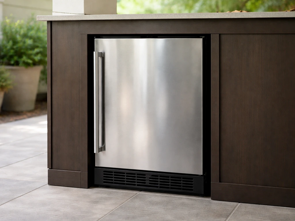 Whynter BOR-326FS outdoor mini fridge built into a covered patio nook with front vents unobstructed