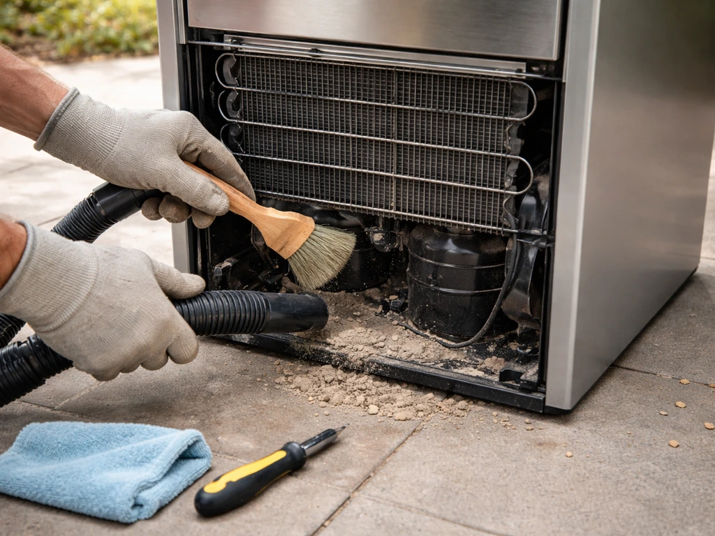 Close view of hands cleaning condenser coils on an outdoor mini fridge, removing dust and pollen safely.