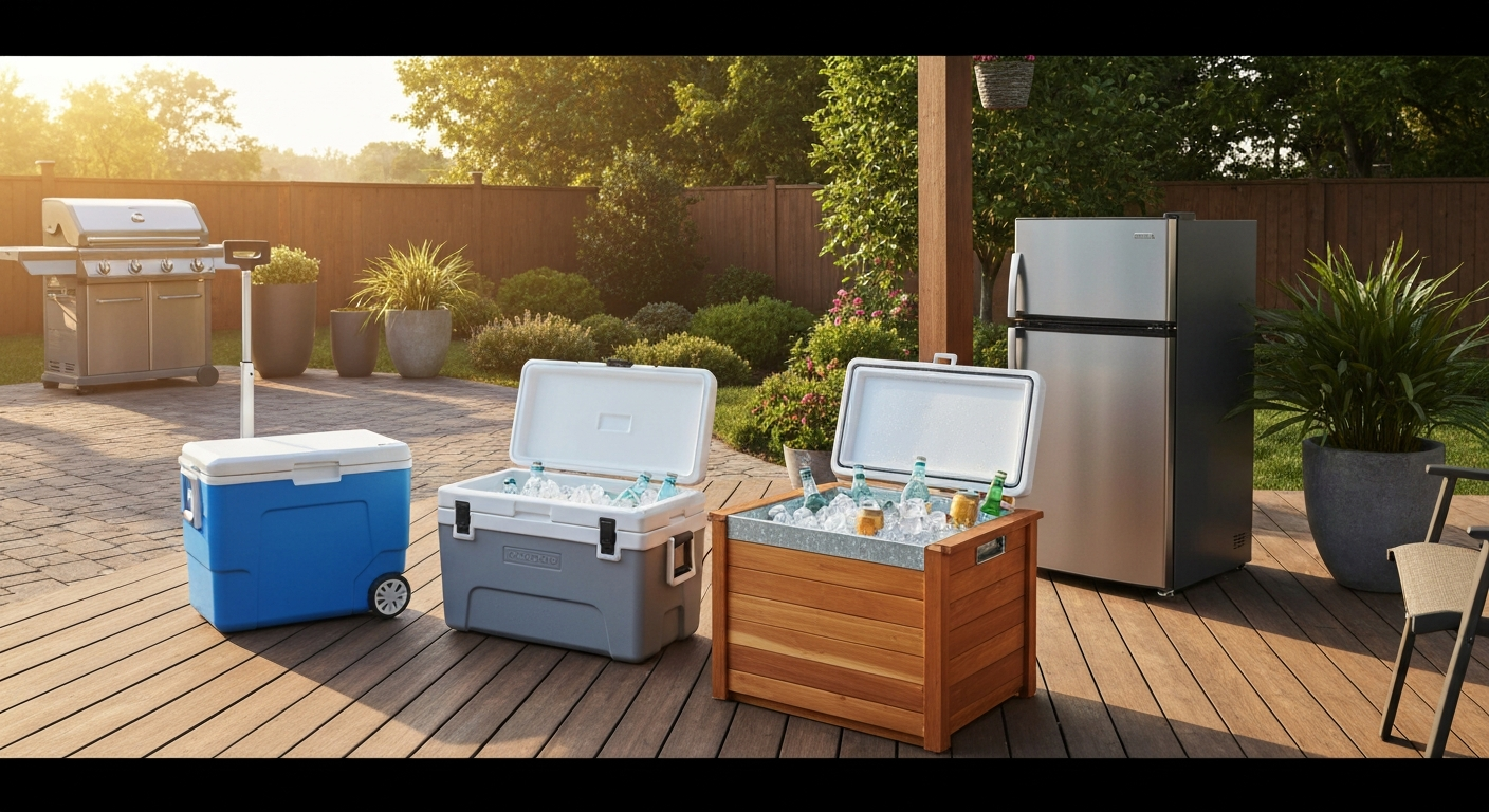 Wide sunlit patio scene showing a wheeled budget cooler, a premium roto-molded cooler, a wooden cedar cooler side table, and an outdoor stainless mini-fridge with lids open to reveal ice and drinks.