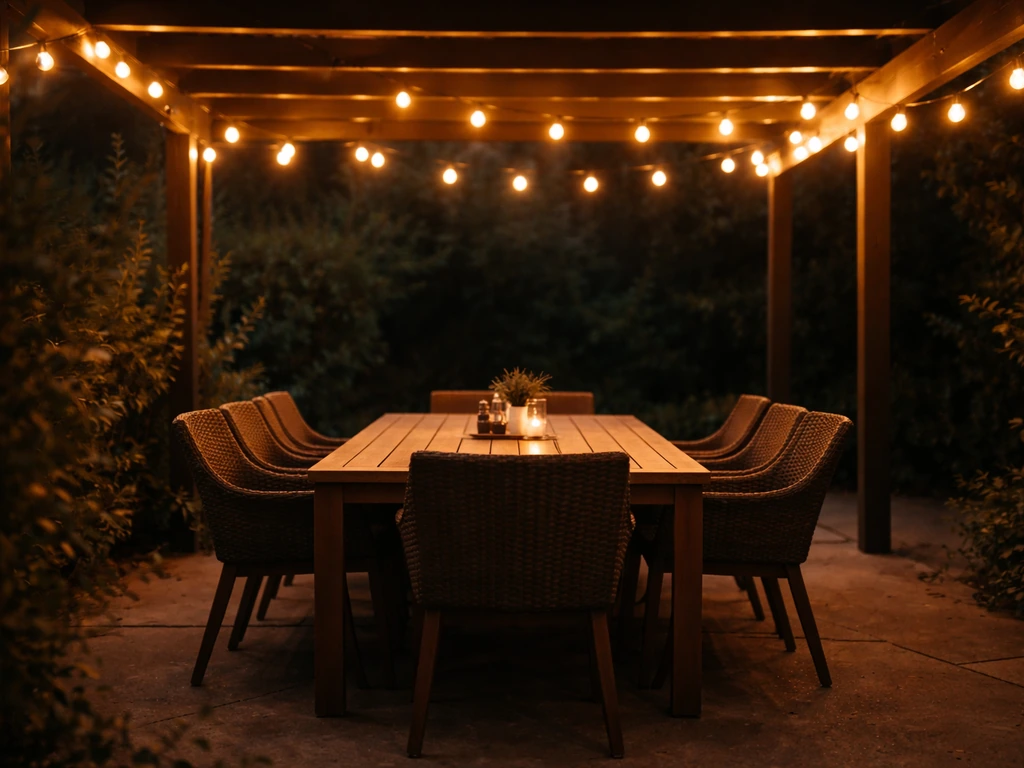 Covered patio dining table glowing with warm bistro string lights, cozy evening ambiance.