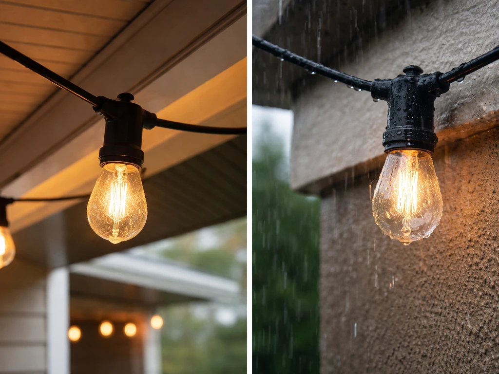 Side-by-side covered-porch bistro lights vs directly exposed, rain-wet light fixture showing wet vs damp conditions.