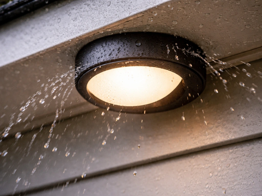 Close-up of an outdoor light fixture with a simulated splash pattern showing IP44 water resistance.