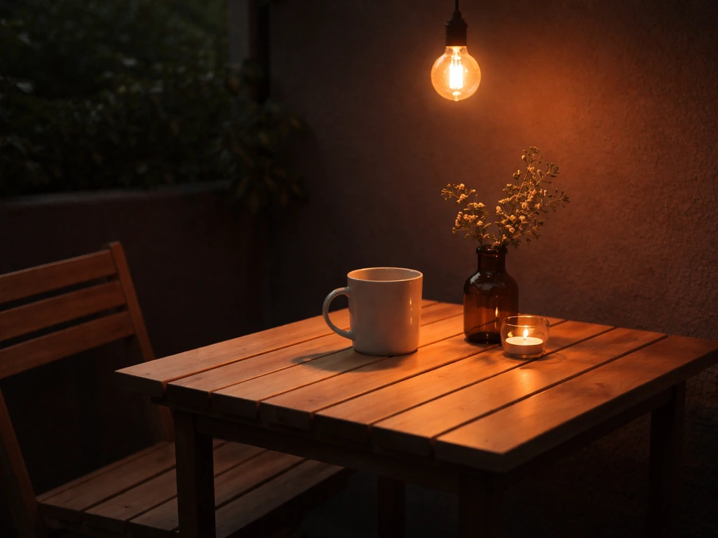 Warm 2700K bistro light glow on a wooden patio table with soft amber illumination