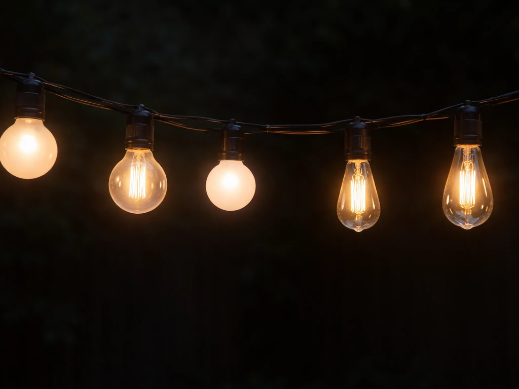 Warm globe/Edison-style bulbs softly glowing under a string with diffused light, minimal dark background.
