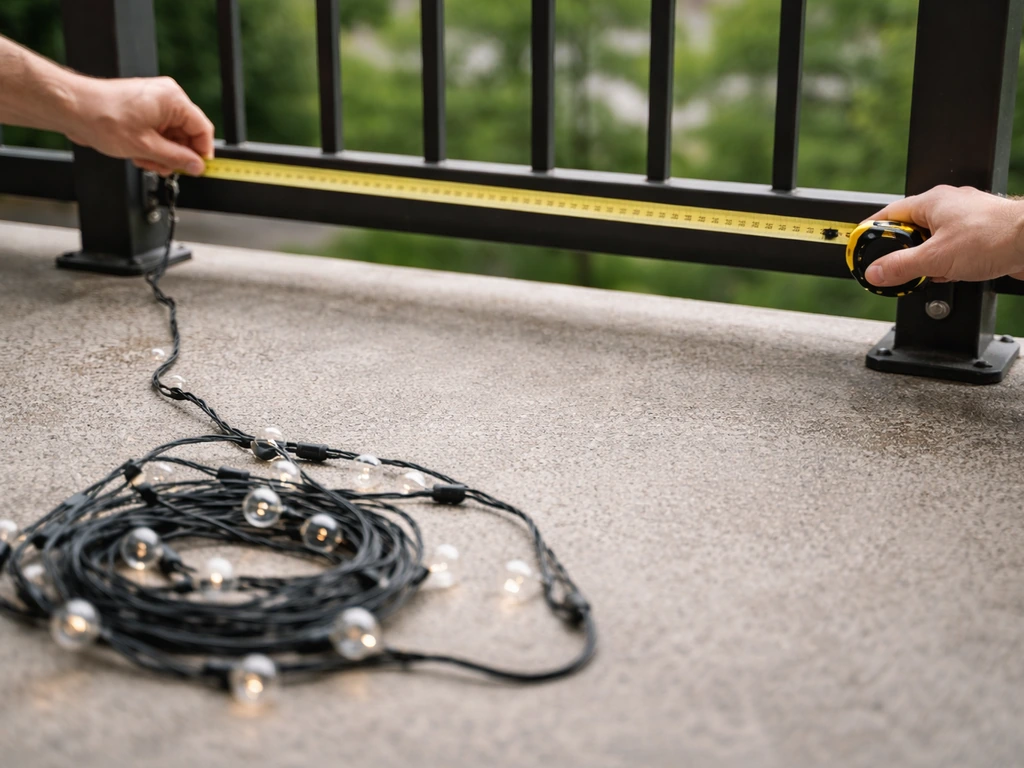Person measuring patio distance between anchor points with tape while string lights lead wire is accounted for.