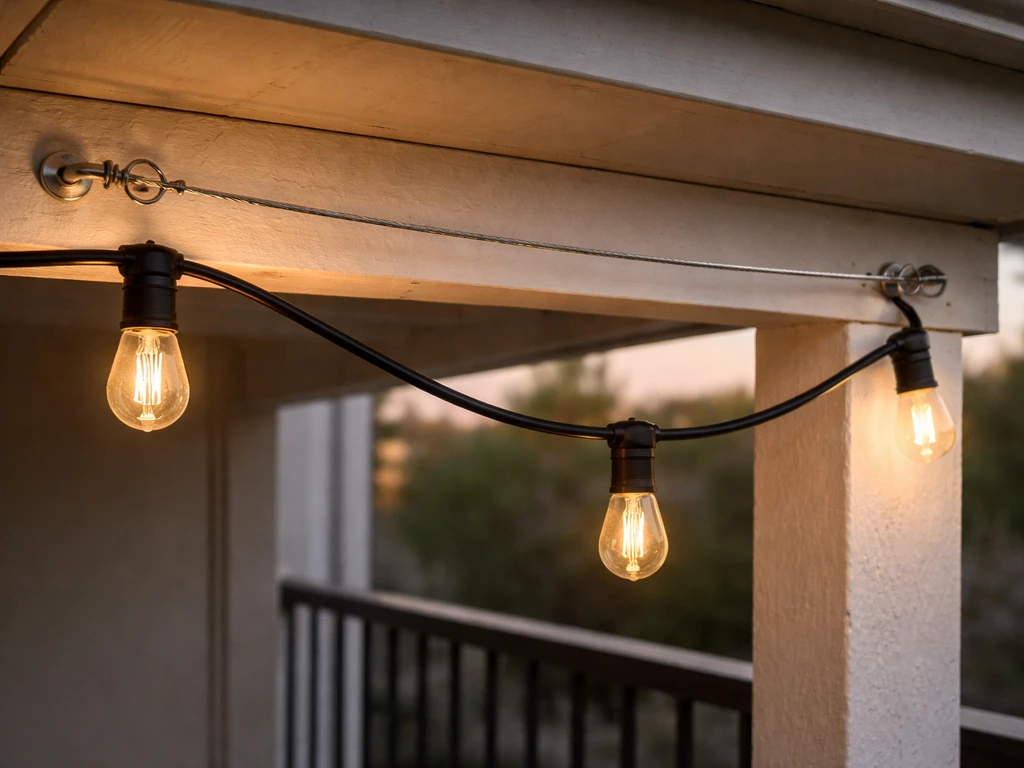 Balcony bistro lights hung with tensioned guide wire, anchor hooks, and cord kept slack