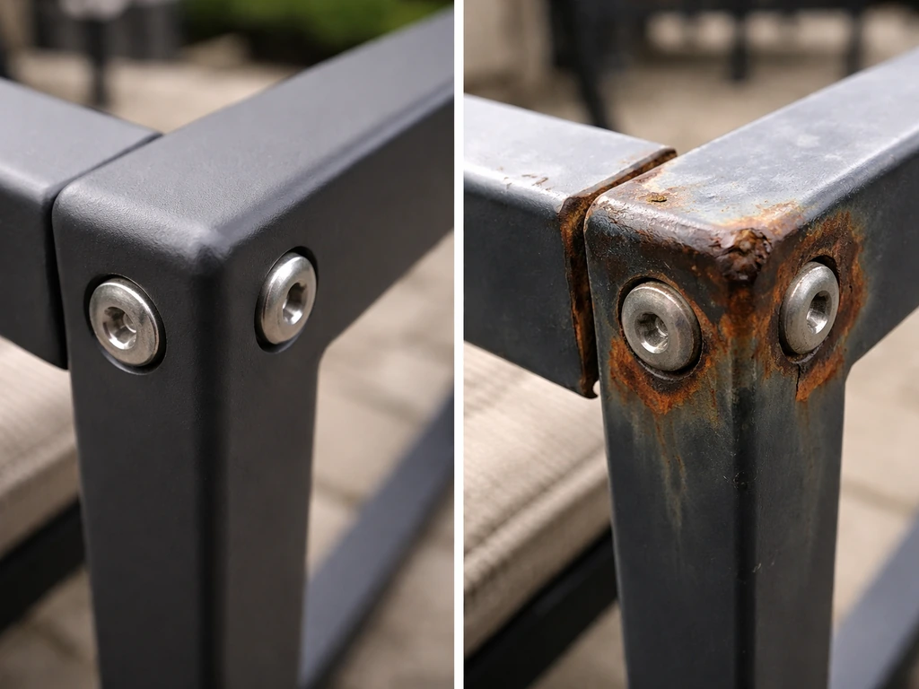 Close-up comparison of powder-coated aluminum vs rusted steel at joints and fasteners on an outdoor frame.