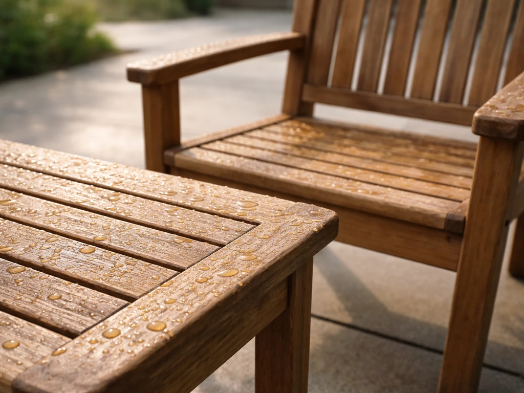Teak outdoor chair and small table on an uncovered patio, with water beads on slats and visible grain.