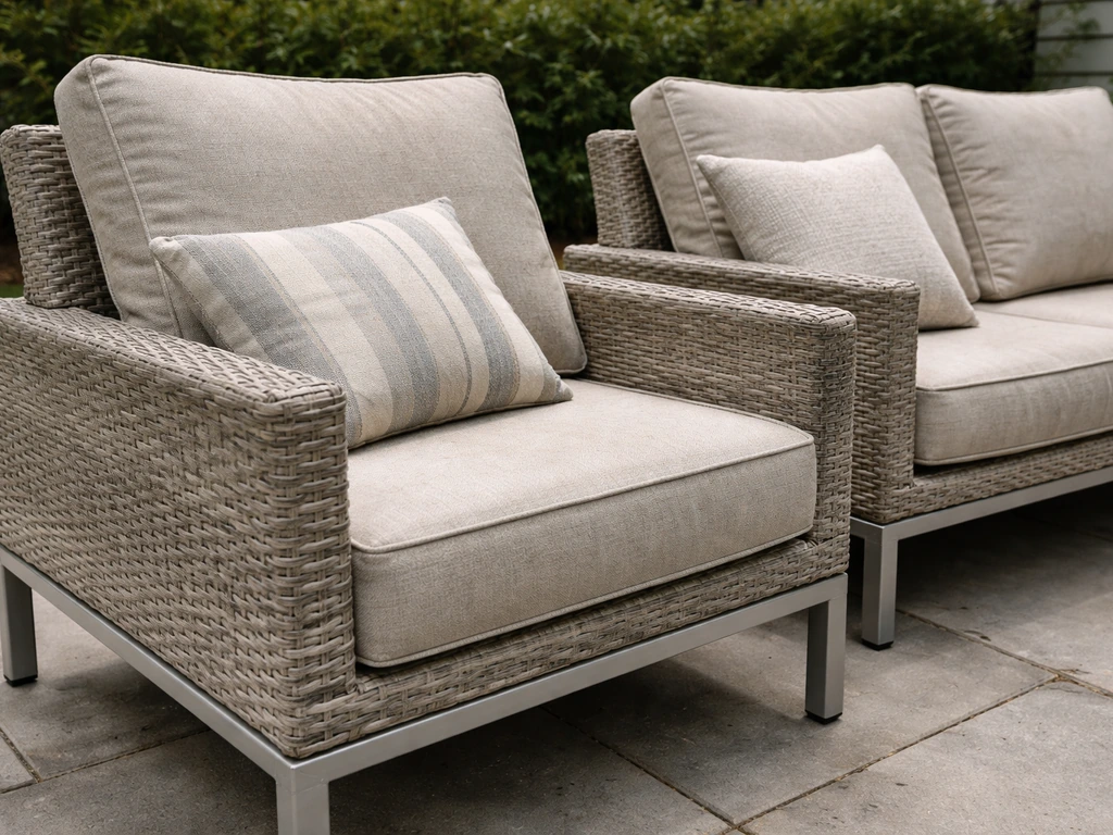 All-weather resin wicker chair and cushions on an uncovered patio, cushions tilted to show exposure.