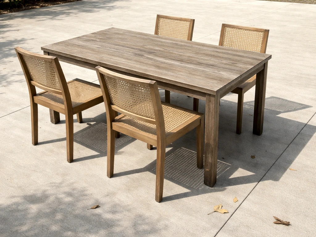Uncovered patio dining set with spaced chairs and table showing clear airflow and drainage gaps.