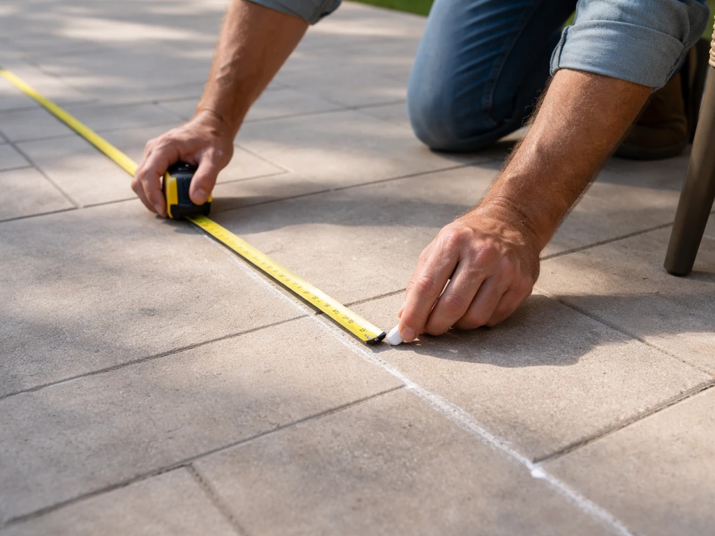 Hands measuring an outdoor patio with a tape measure and marking walking-clearance zones on the ground.
