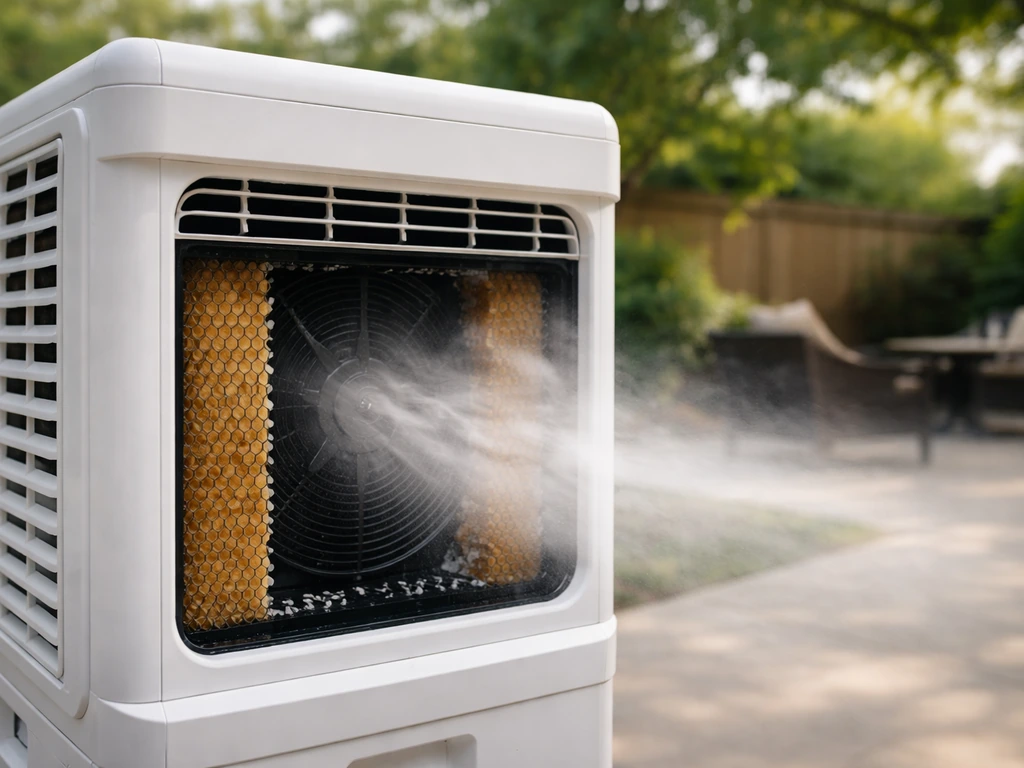 Outdoor patio air cooler blowing air through misty cooling pads in warm air, showing evaporative cooling.