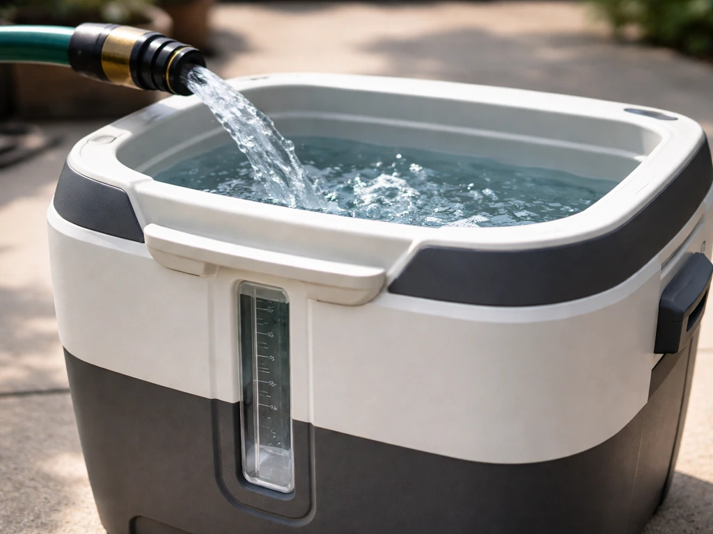 Close-up of a large outdoor cooler water tank with a visible water level indicator being filled